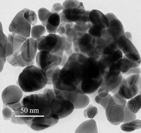 TEM image of nanoparticles with a scale bar indicating 50 nm.
