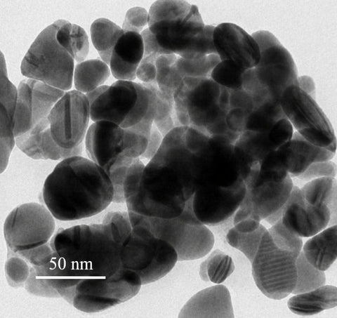 TEM image of nanoparticles with a scale bar indicating 50 nm.